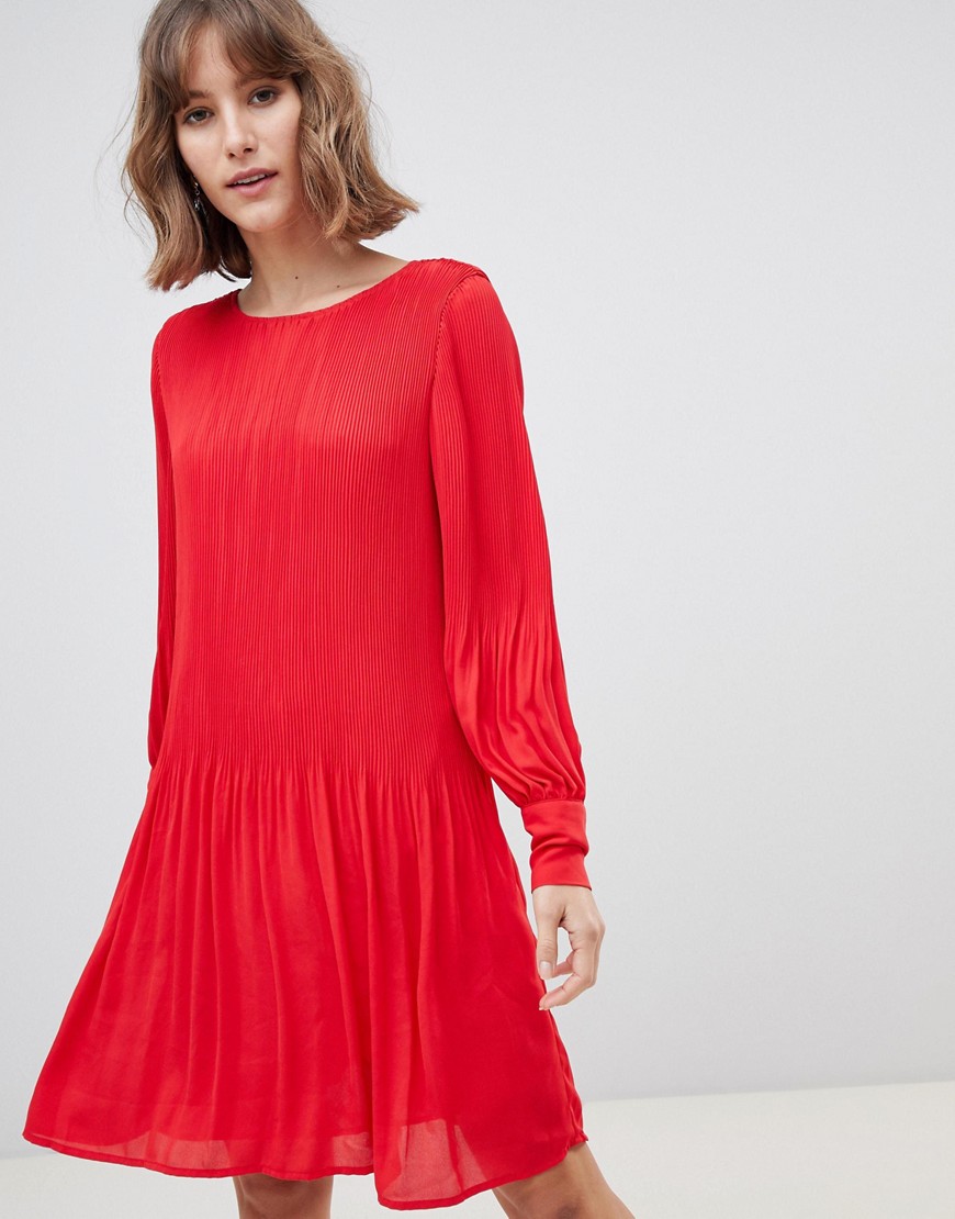 Selected Femme long sleeve plisse smock mini dress in red
