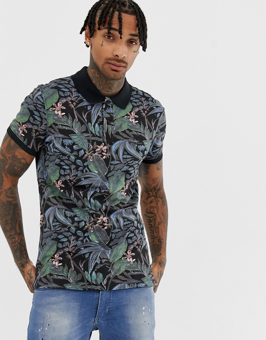 Blend slim fit polo with tropical floral print in black
