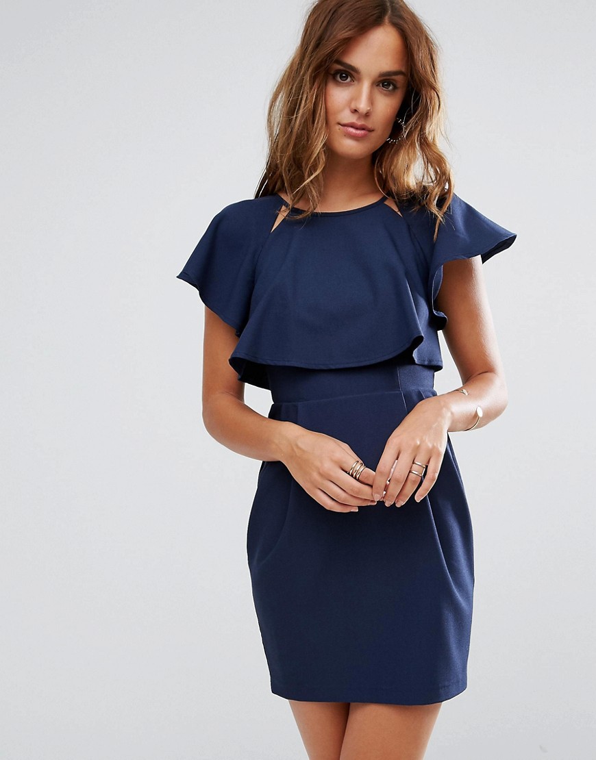Asos Design Asos Double Layer Mini Wiggle Dress With Angel Sleeve - Navy In Blue