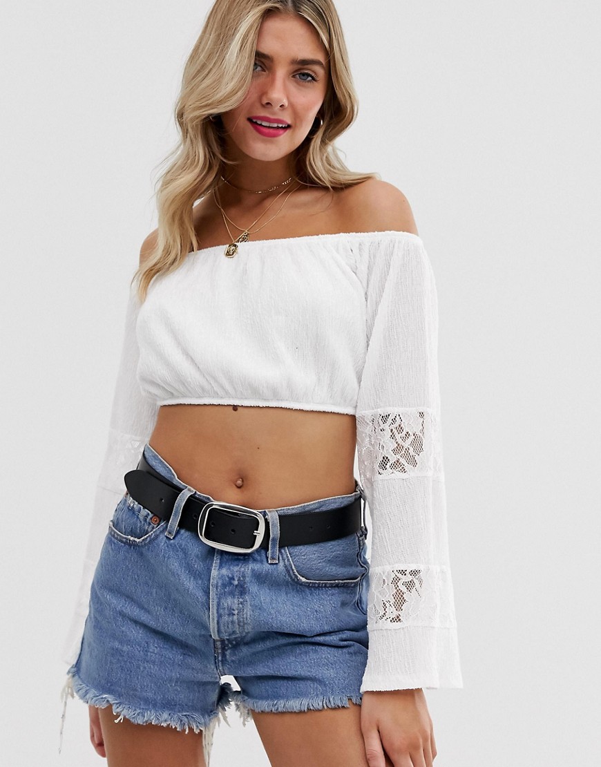ASOS DESIGN bardot crop top in crinkle with wide lace insert sleeves