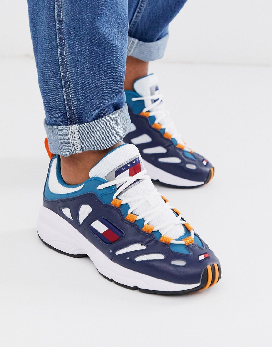 Tommy Jeans flag logo retro leather dad trainers in navy multi