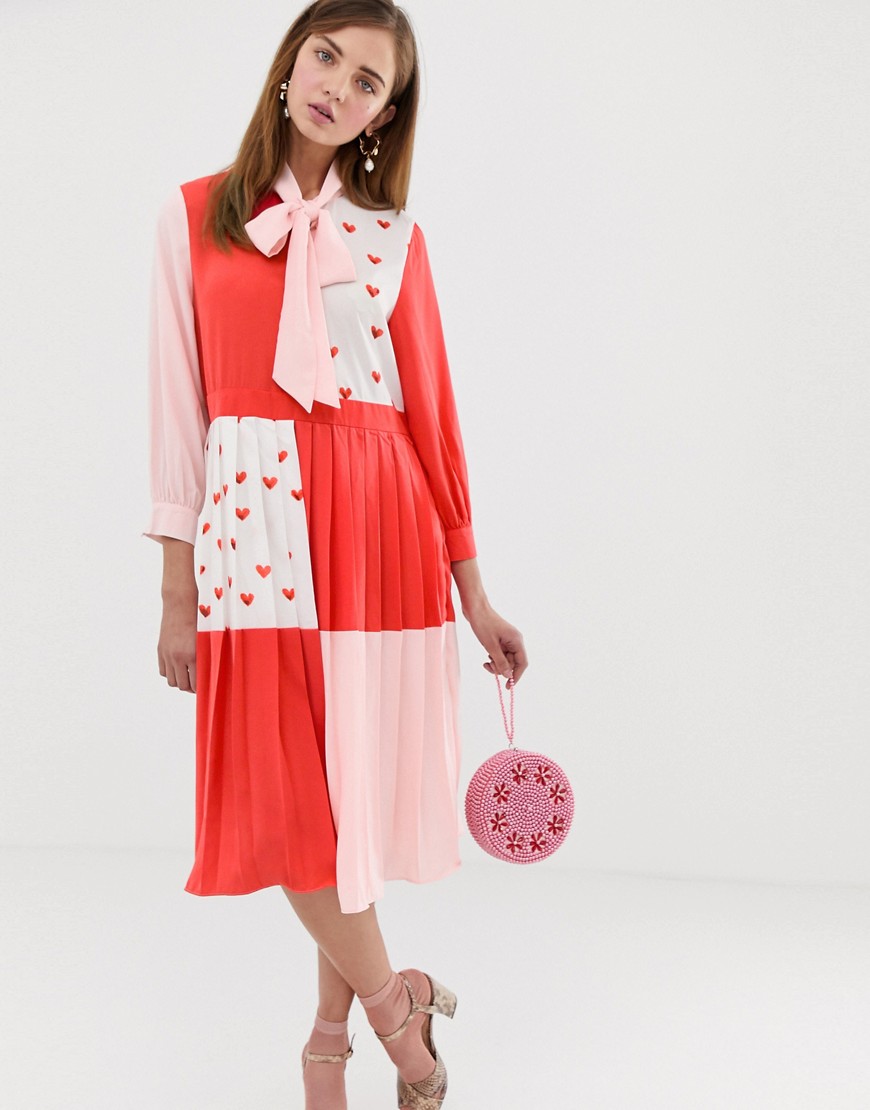 Sister Jane midi dress with pussybow in heart print colour block