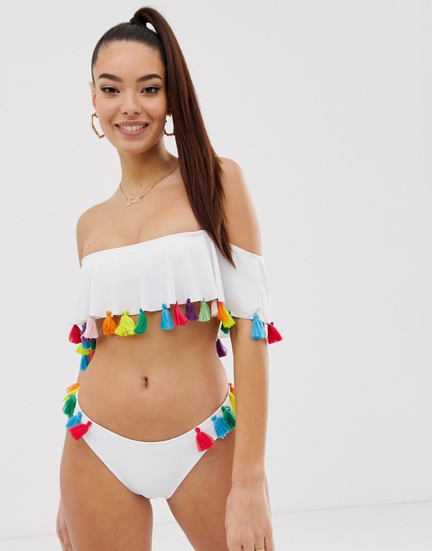 ASOS DESIGN recycled tassel off shoulder bikini top in white
