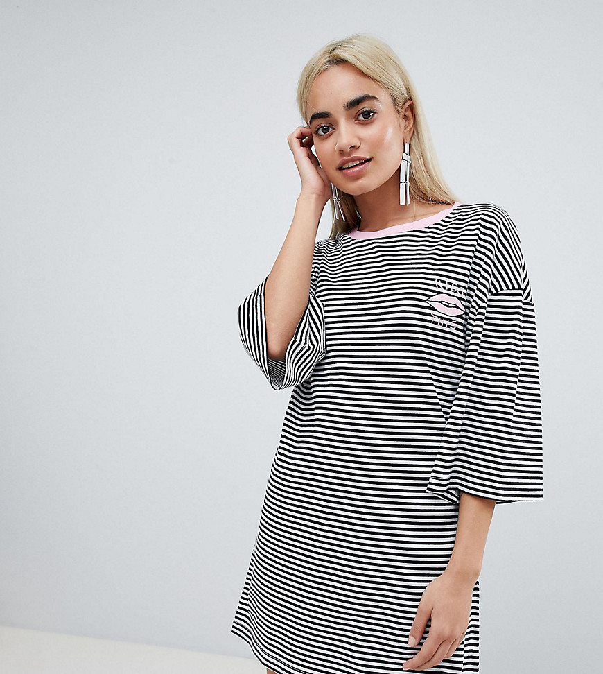 Chorus Petite Flared Sleeve Striped T-Shirt Dress with Embroidery