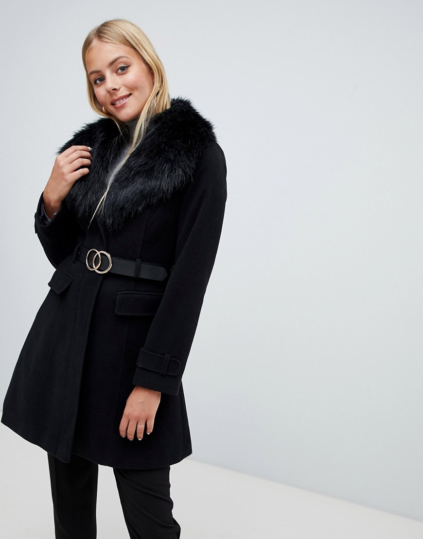 Miss Selfridge belted coat with faux fur trim in black - Black