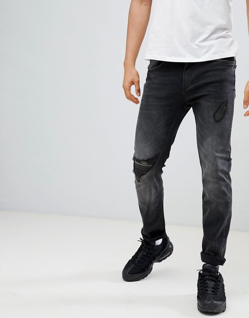 YOURTURN Slim Jeans In Black With Camo Knee Abrasion