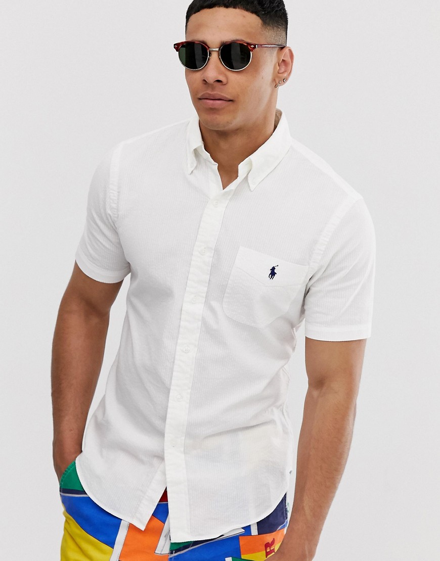 Polo Ralph Lauren player logo pocket short sleeve seersucker shirt slim fit in white