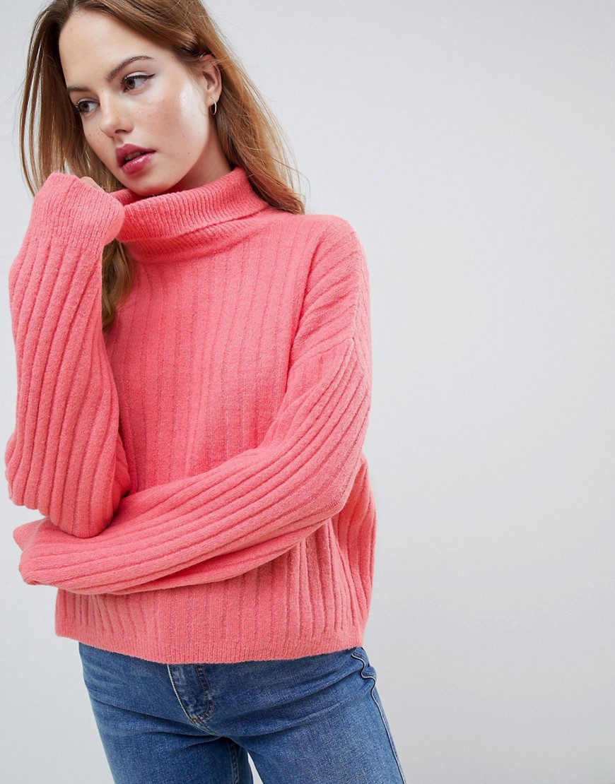 Asos Design Fluffy Jumper In Rib With Roll Neck-pink
