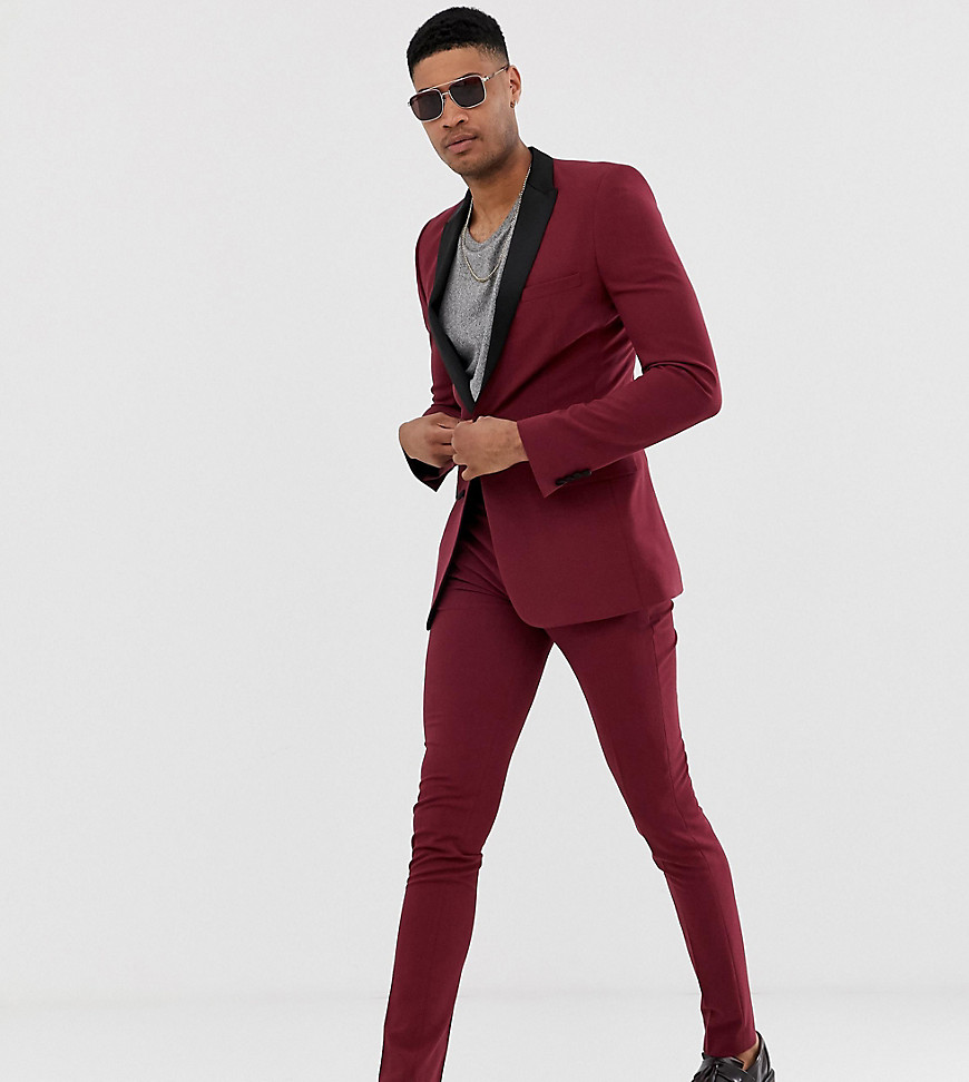 ASOS DESIGN Tall super skinny tuxedo suit trousers in burgundy