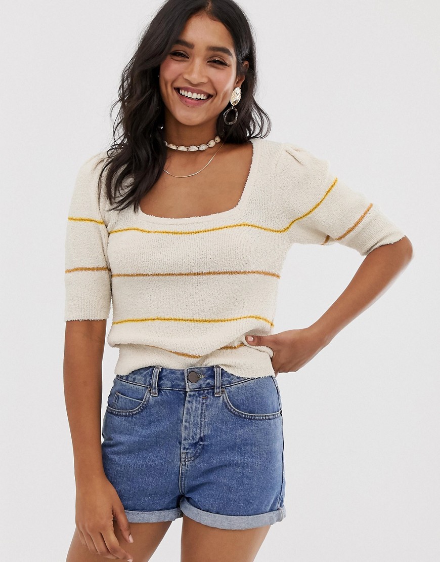 ASOS DESIGN natural yarn stripe knit tee with puff sleeve