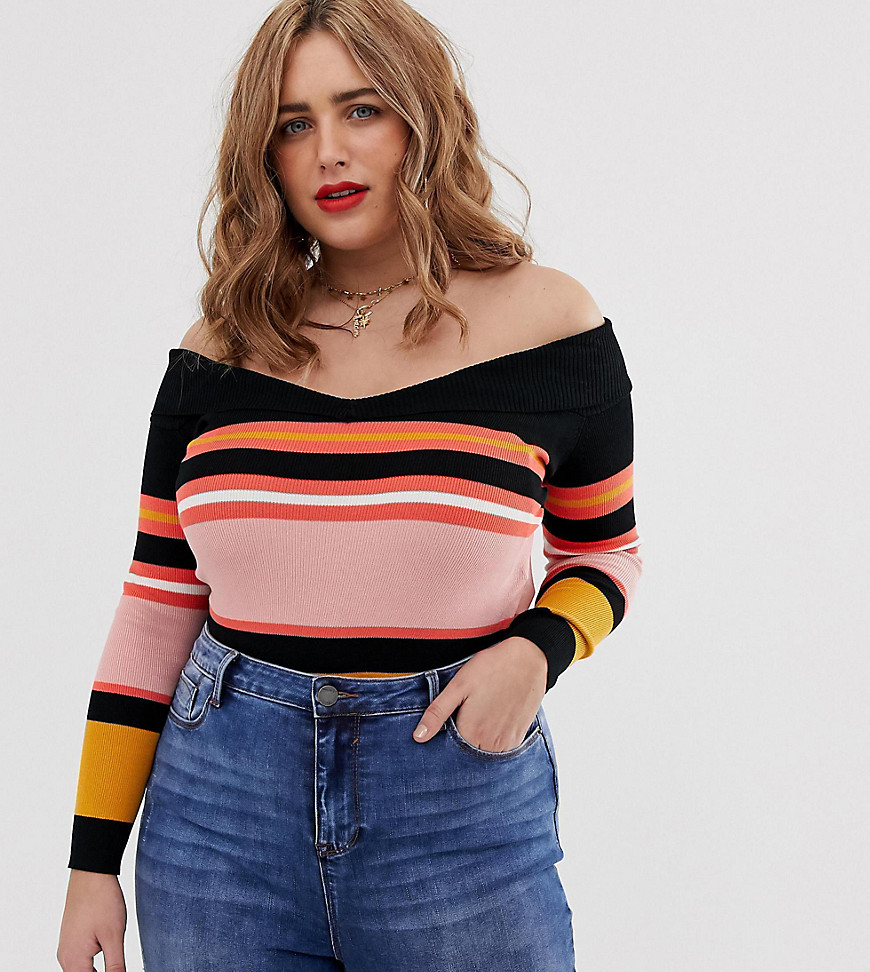 Simply Be off the shoulder knitted jumper in multi stripe