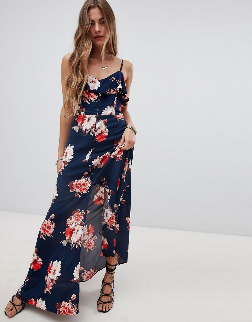 Band Of Gypsies Button Front Flounce Floral Maxi Dress