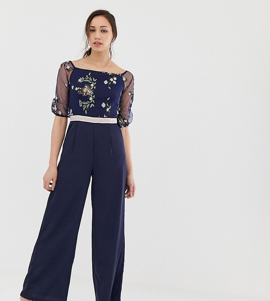 Little Mistress Tall embroidered top wide leg jumpsuit in navy