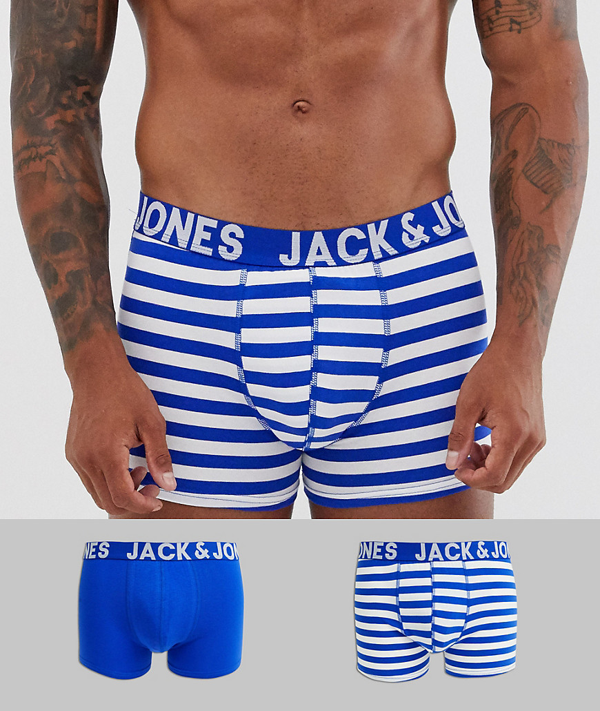 Jack & Jones 2 pack trunks in solid and stripe blue