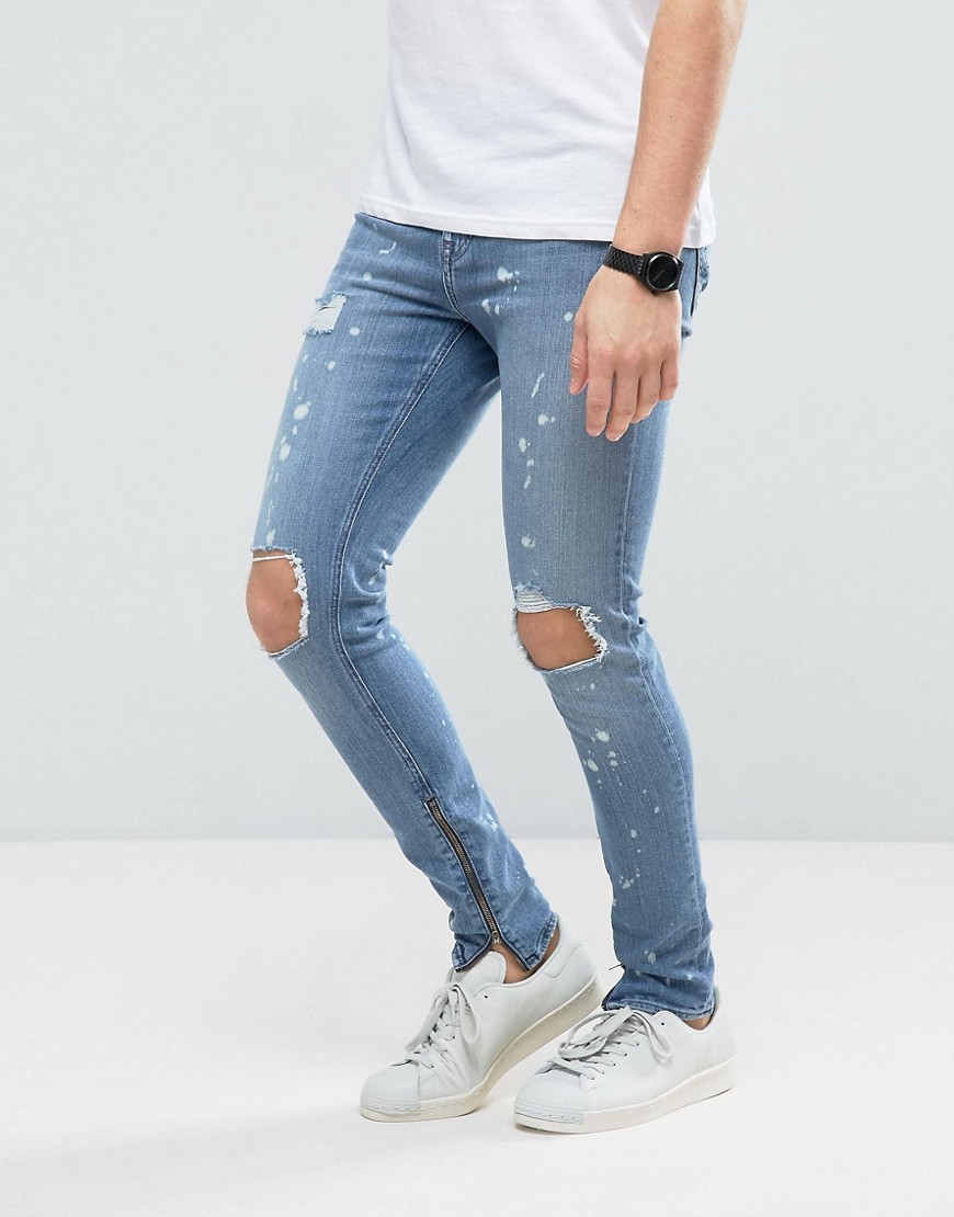New Look Super Skinny Jeans With Rips And Side Zips In Spray Acid Wash - Mid blue