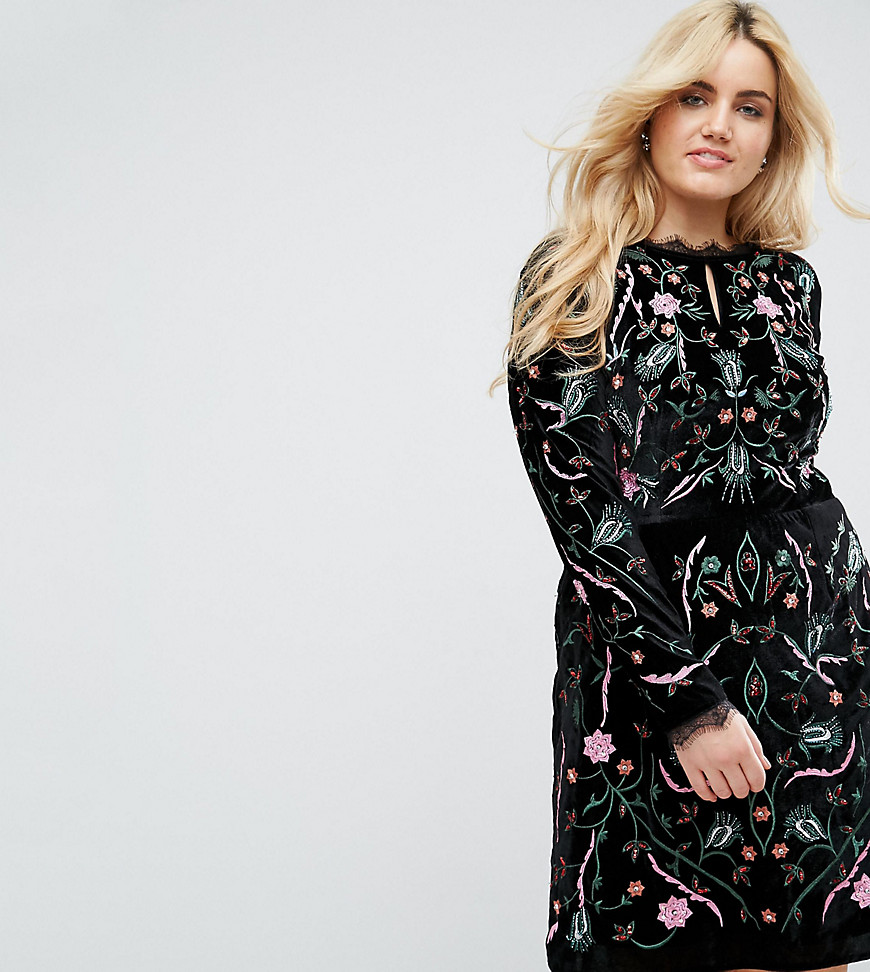 Frock And Frill Plus Allover Premium Embroidered Velvet Aline Skater Dress - Black
