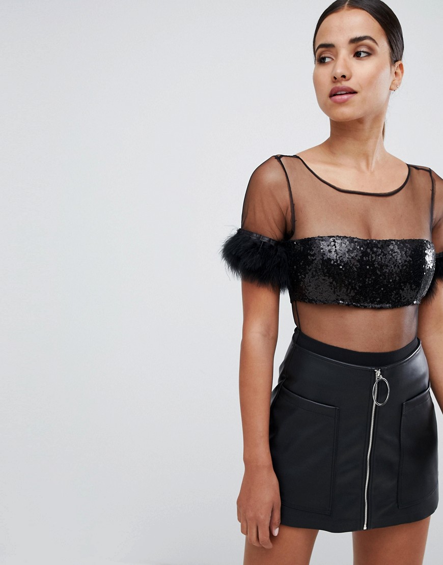 Rare London sequin mesh and feather bodysuit