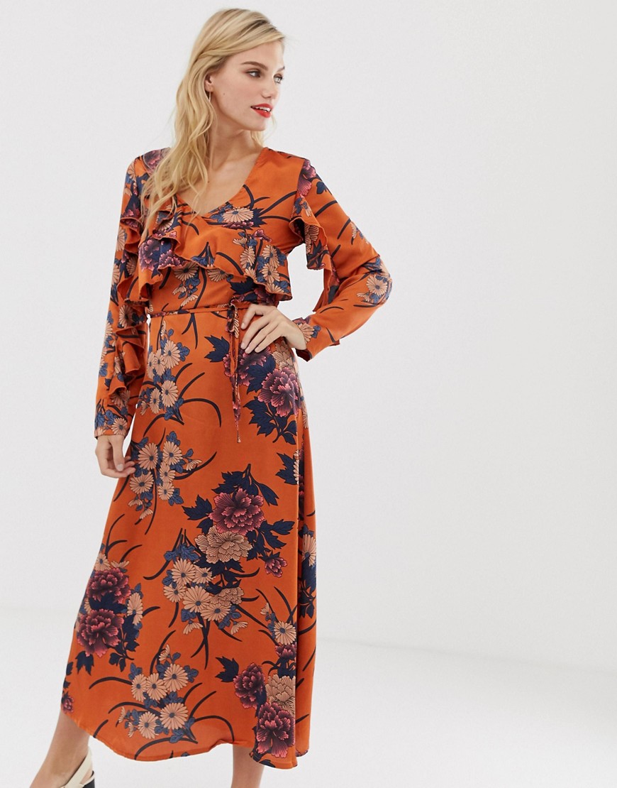 Liquorish floral midi dress with ruffle front and sleeve detail