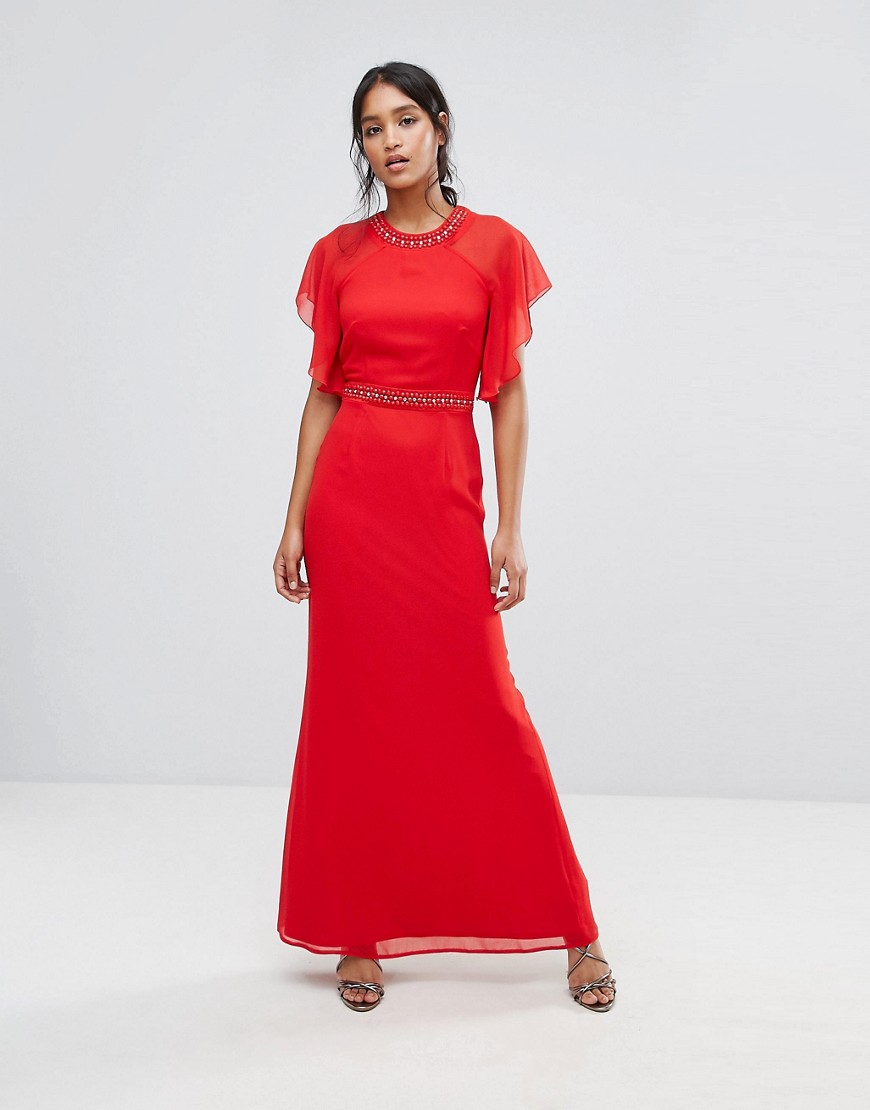 Elise Ryan Embellished Trim Maxi Dress With Fluted Sleeve - Red