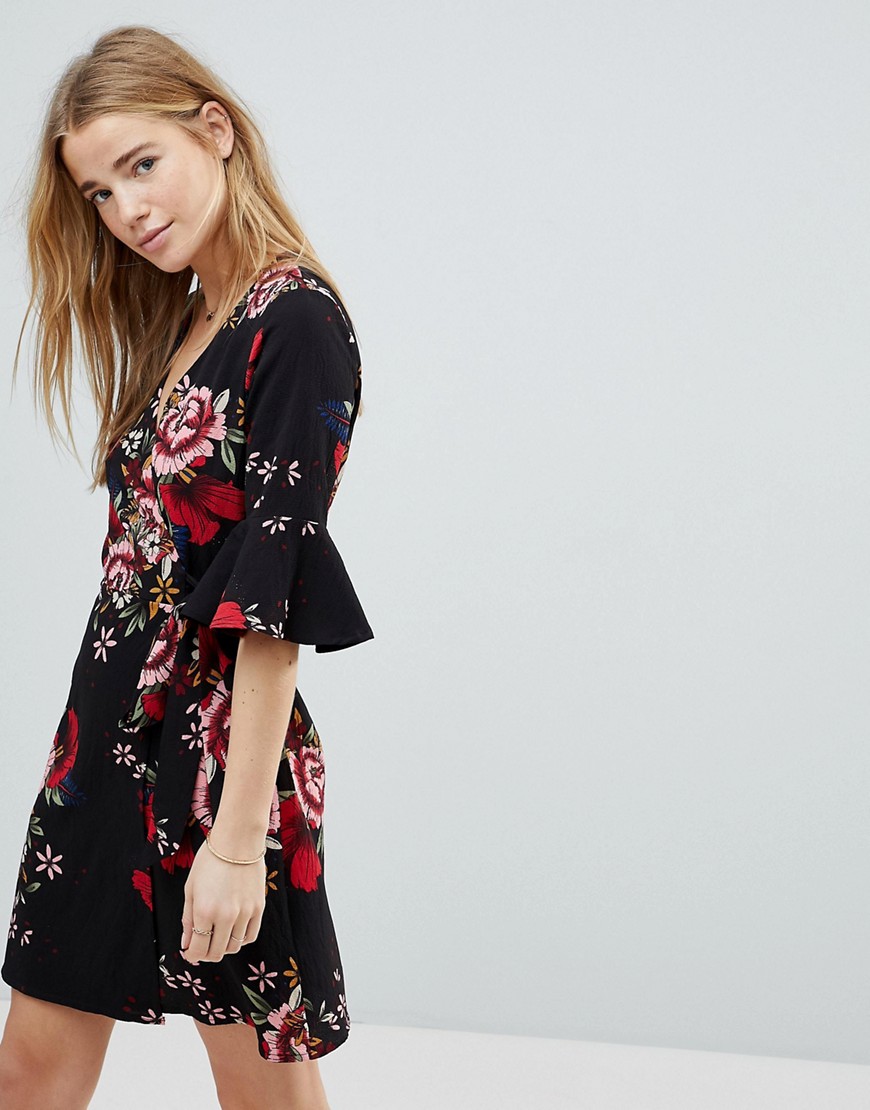 Girls On Film Floral Wrap Dress With Fluted Sleeve - Black floral