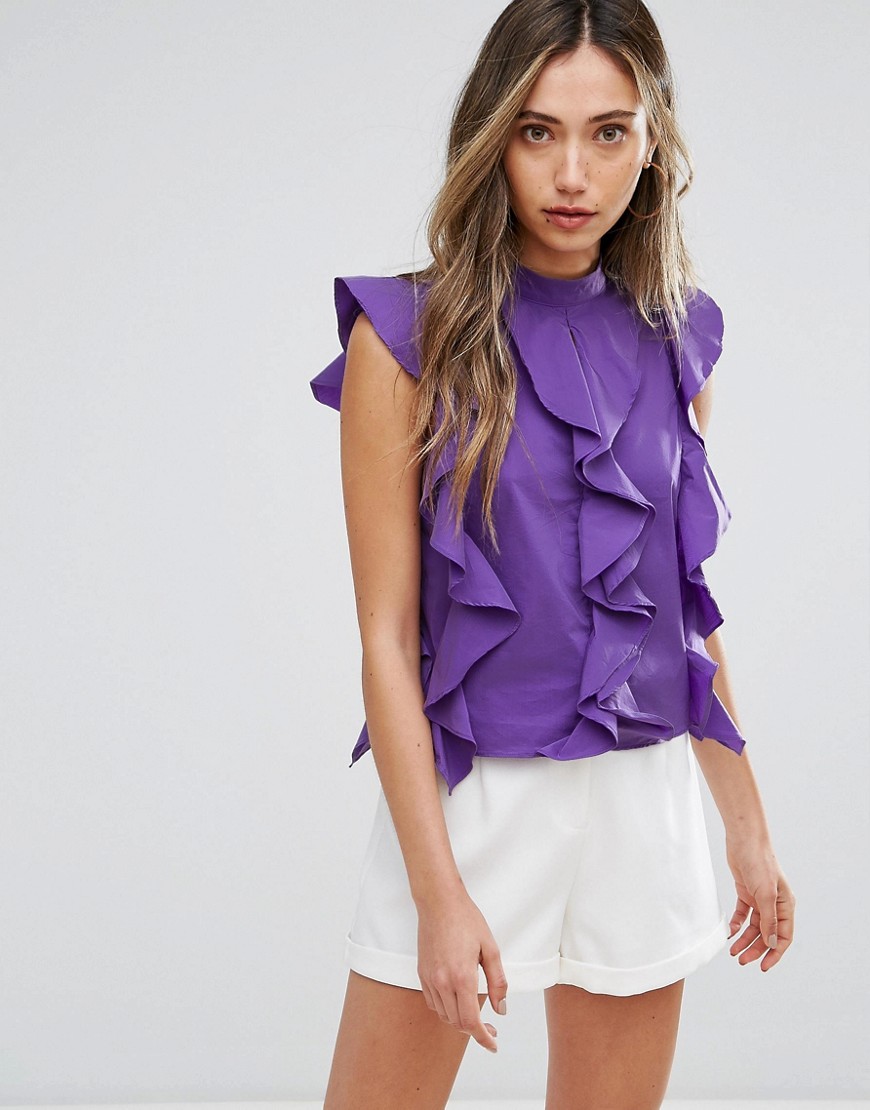 Pearl Ruffle Front High Neck Top - Violet