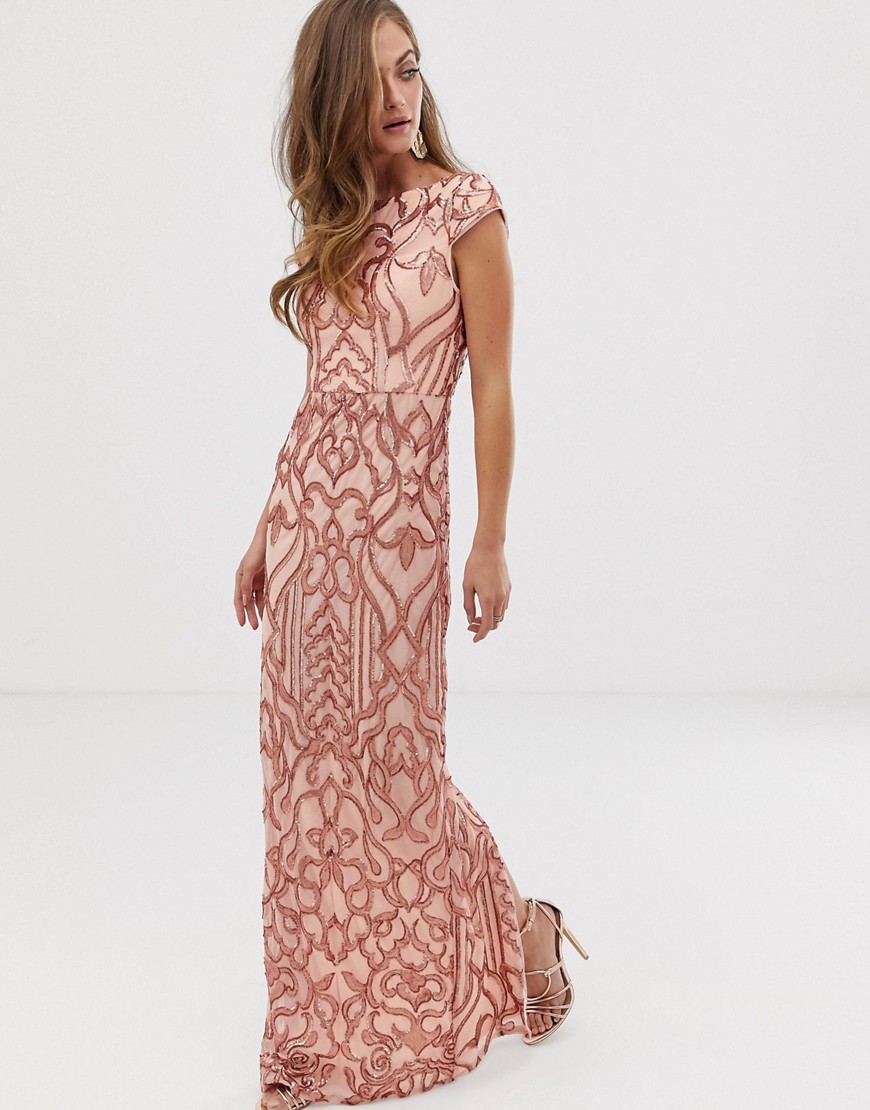 Bariano embellished patterned sequin maxi dress with cap sleeve in rose gold