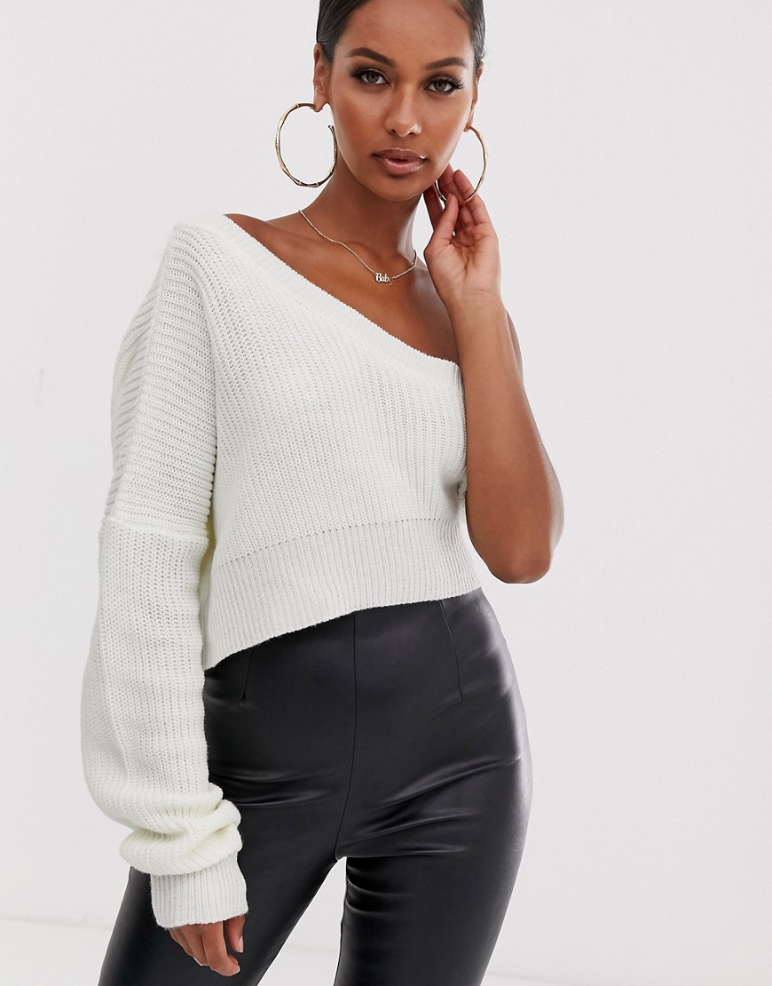 Lioness I'm Busy one shoulder knit in white