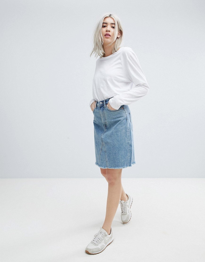 Weekday Decon Knee Length Denim Skirt with Raw Hem - Spring blue