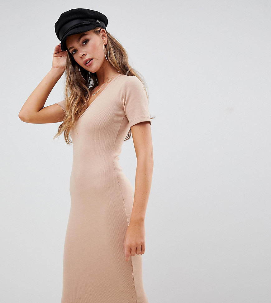 Missguided exclusive ribbed short sleeve v neck midi dress in beige