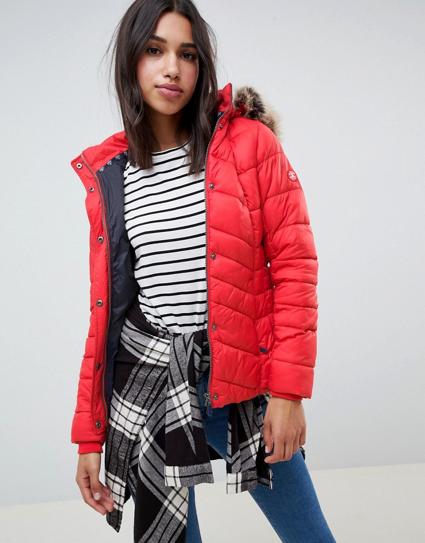 Barbour bernera diagonal quilted padded jacket with faux fur trim hood - Red reef navy