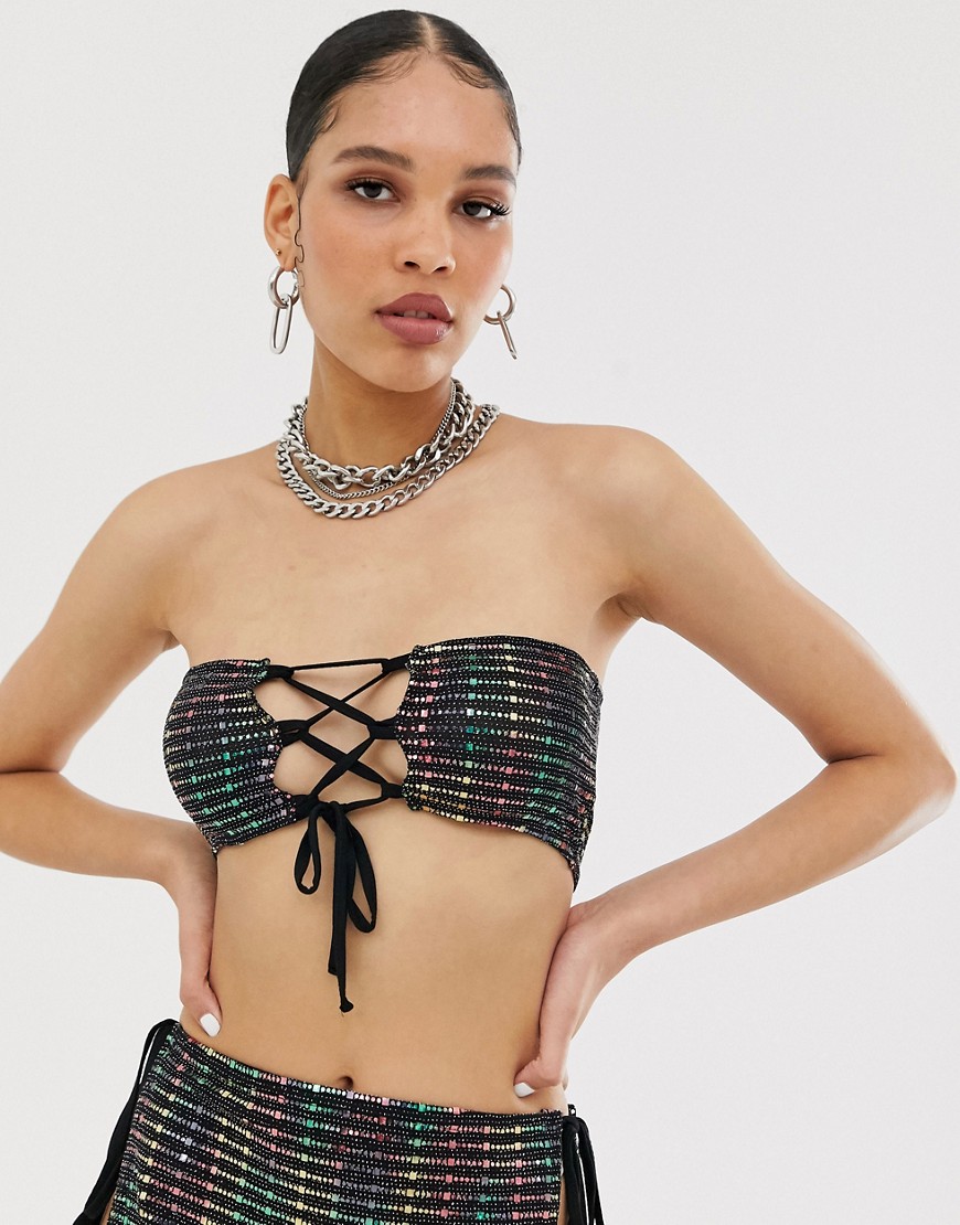 New Girl Order tie front bralet in metallic disco fabric co-ord