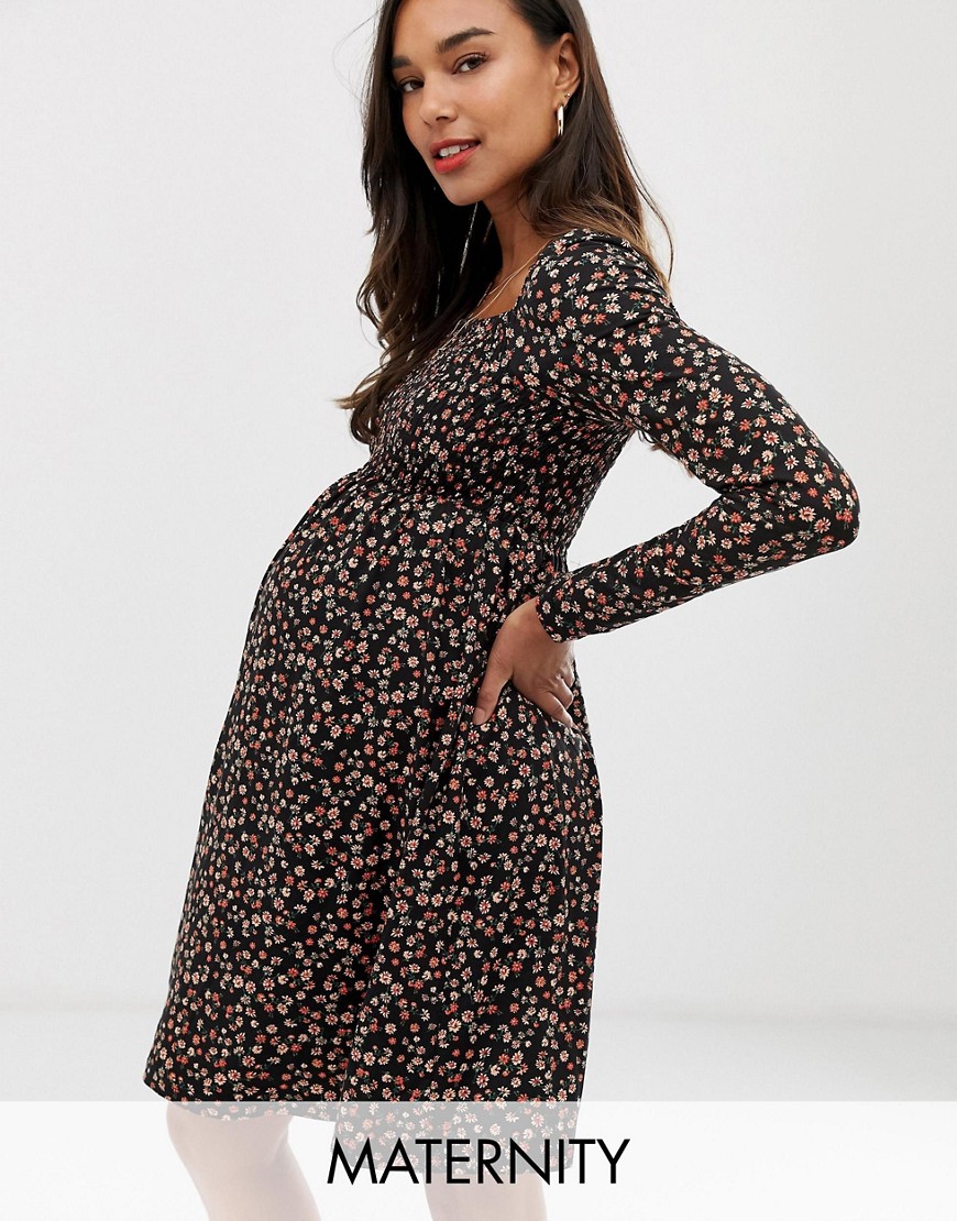 New Look Maternity floral shirred dress in black