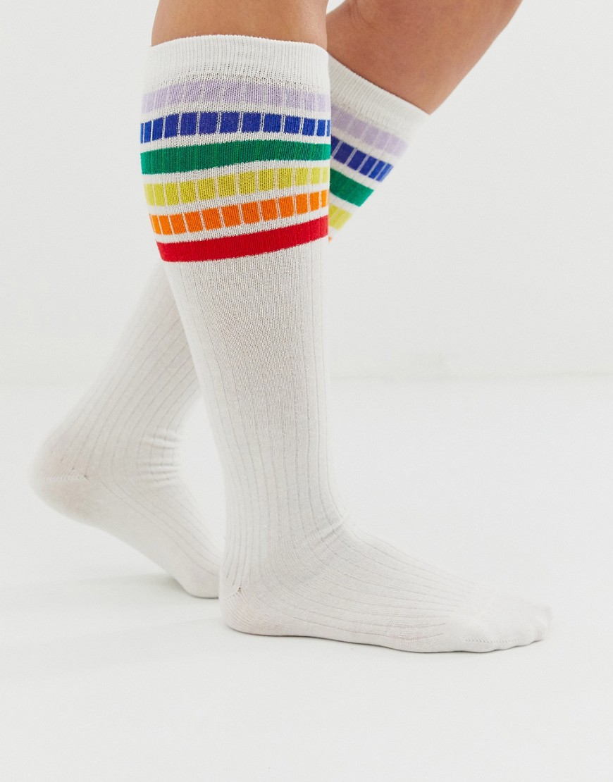 Monki sporty socks with rainbow stripe in white