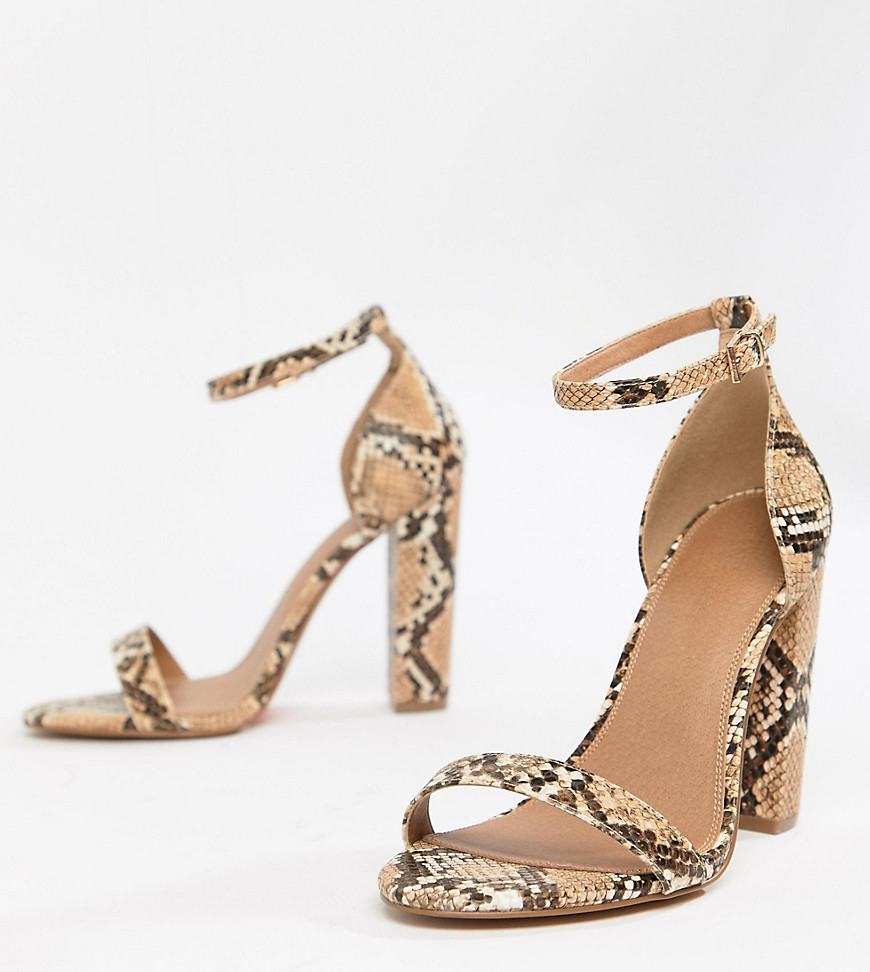 Asos Design Wide Fit Highball Barely There Heeled Sandals In Snake-multi