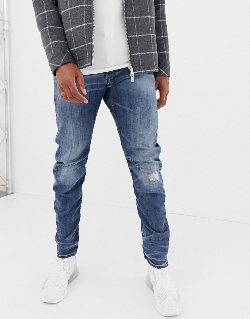 G-Star Arc 3d slim fit super stretch denim jean in mid wash with distressed detail