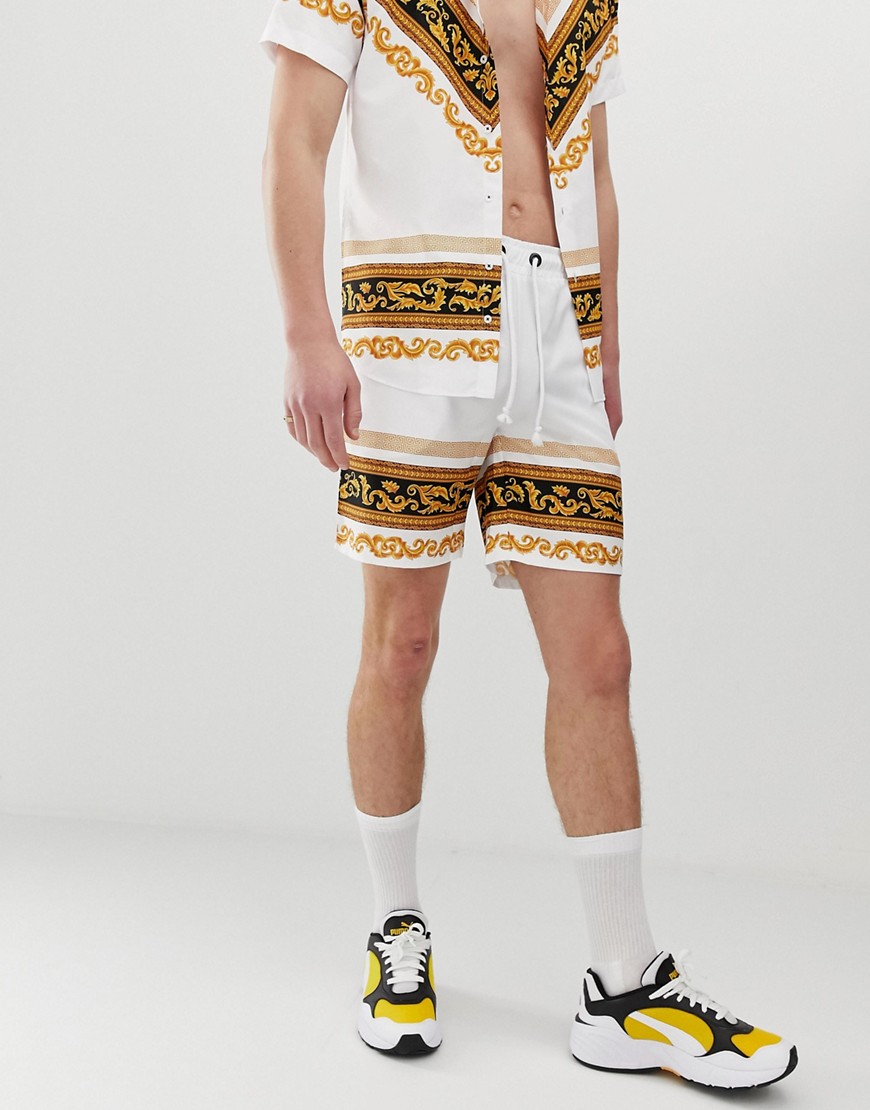 Criminal Damage co-ord shorts in white with baroque print
