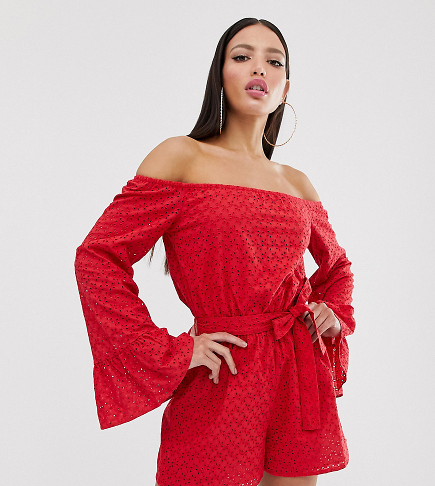 Missguided Tall bardot broderie playsuit with tie waist in red