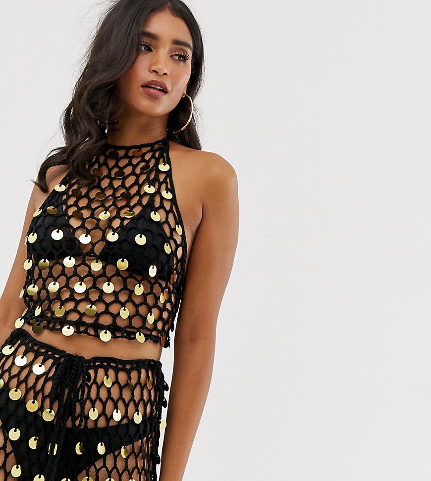 Missguided co-ord crochet knit crop top in black with sequins
