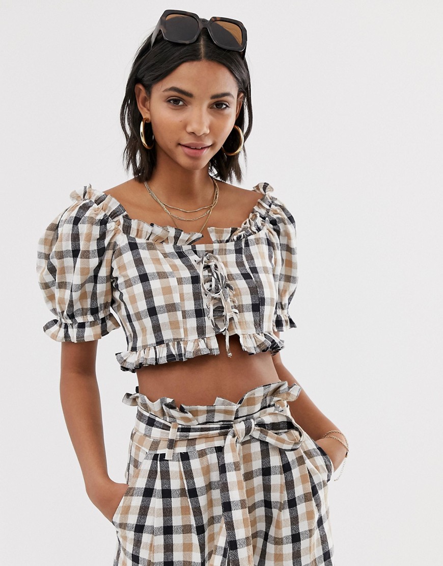 Neon Rose tea blouse with puff sleeves in check co-ord