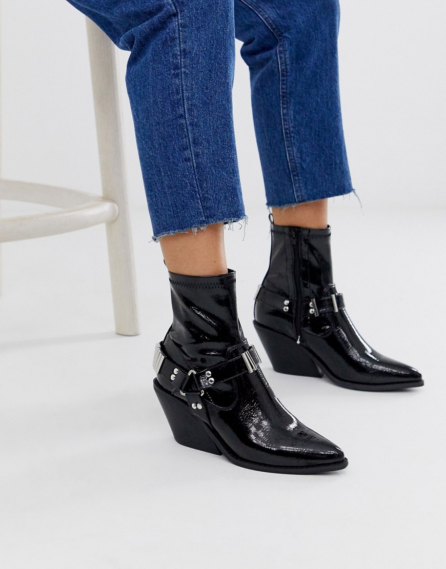 Asos Design Wide Fit Ritchie Western Harness Sock Boots In Black Patent