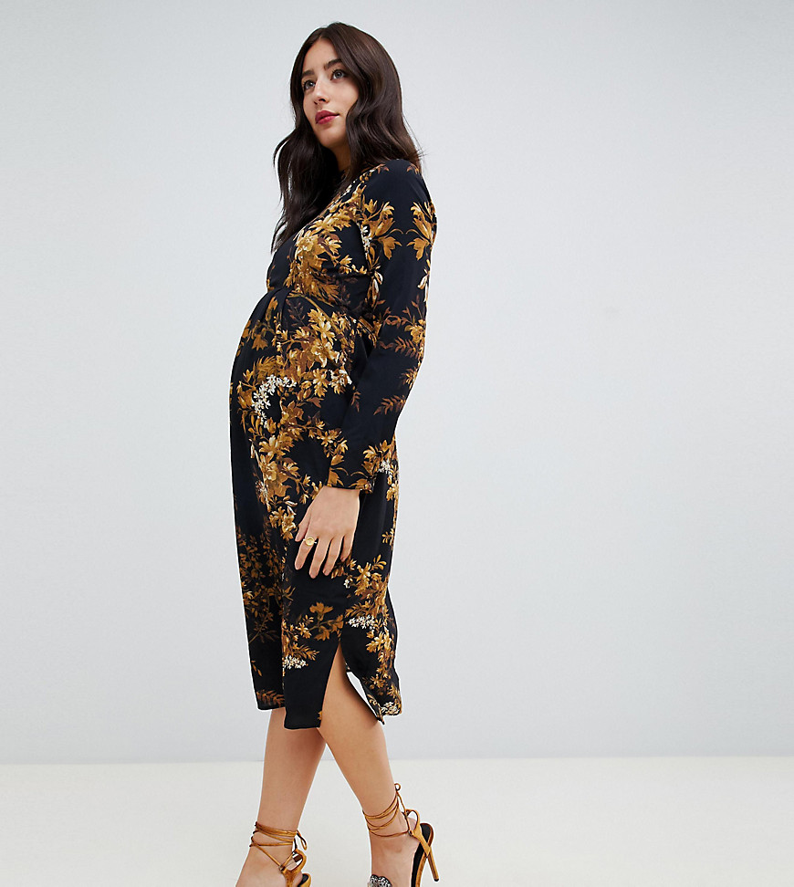 Hope & Ivy Maternity long sleeve pencil dress in mirrored floral print