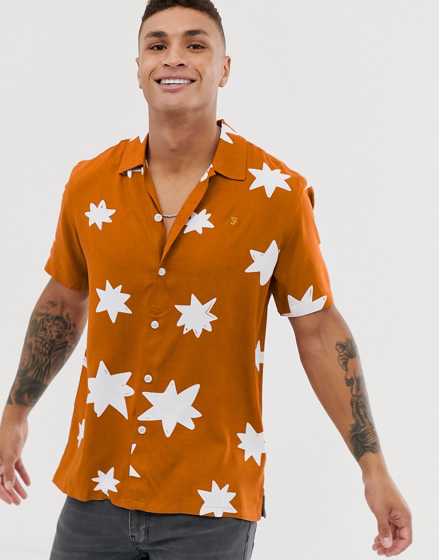 Farah Santiago star print oversized revere collar shirt in orange