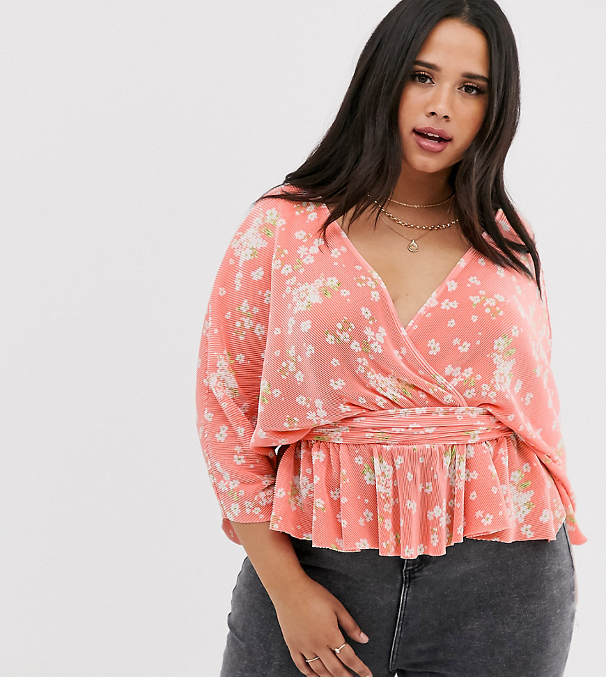 ASOS DESIGN Curve plisse wrap top with tie side in floral print