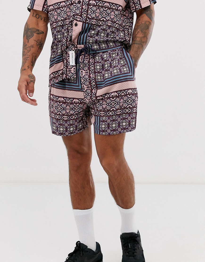 Native Youth CO-ORD short with patchwork geo print in purple