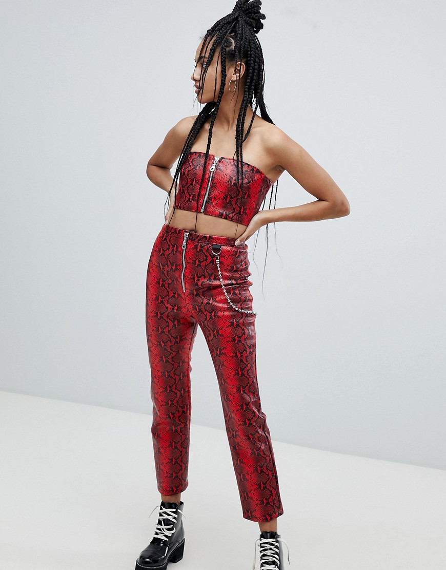 The Ragged Priest Trousers In Faux Snakeskin Leather With Chain - Red
