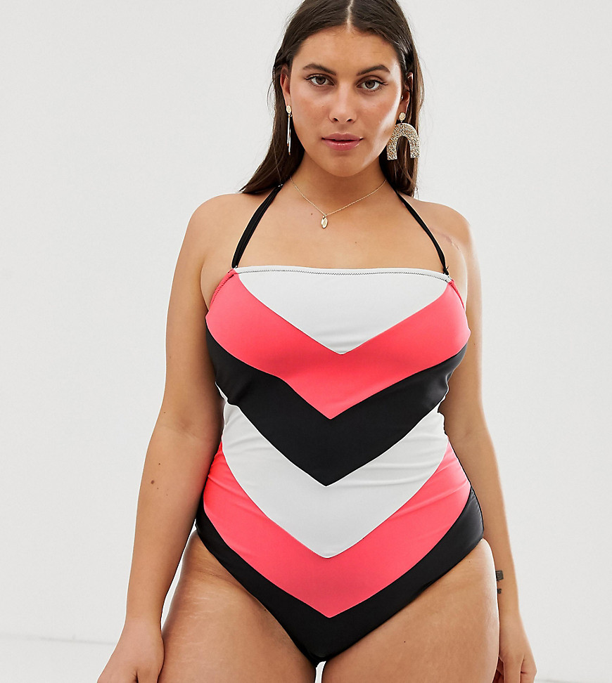 Simply Be bandeau swimsuit with removable halterneck in colour block