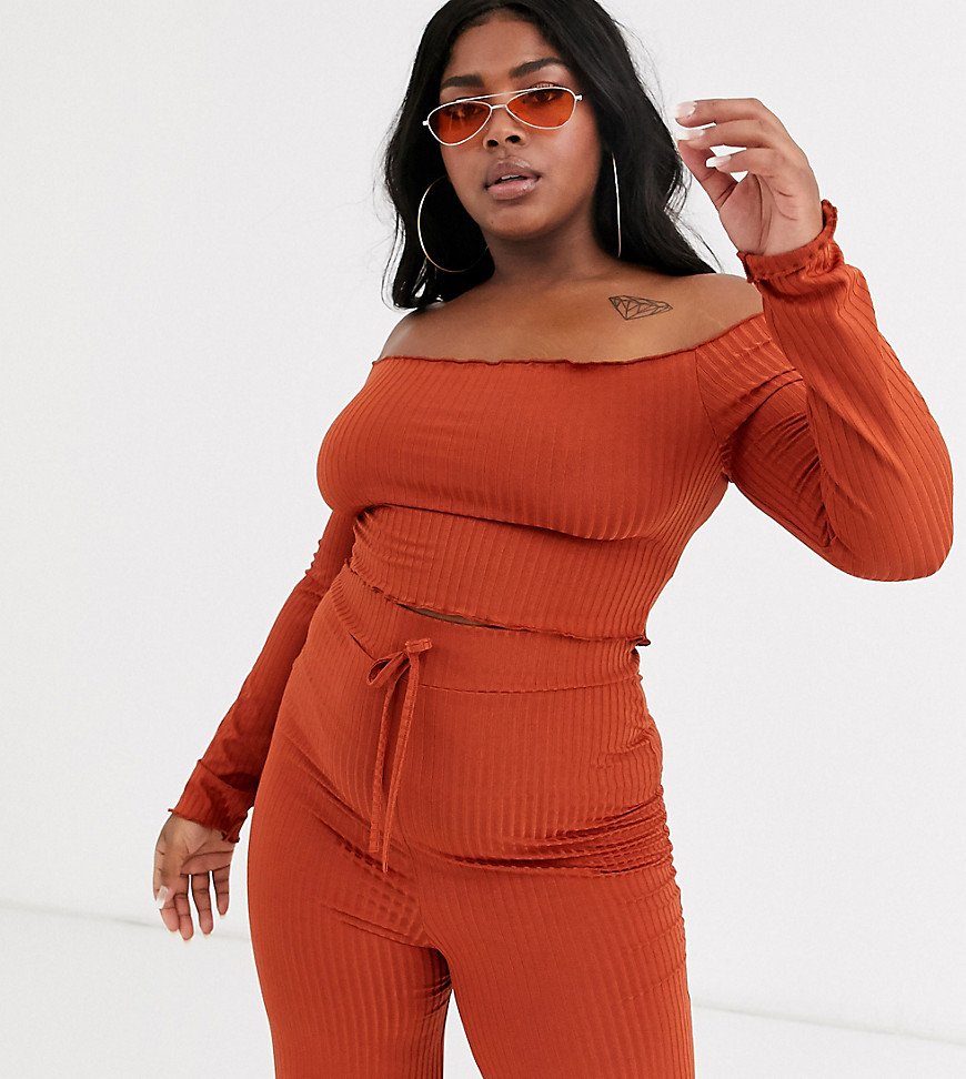 Fashionkilla Plus ribbed off shoulder frill crop top in rust