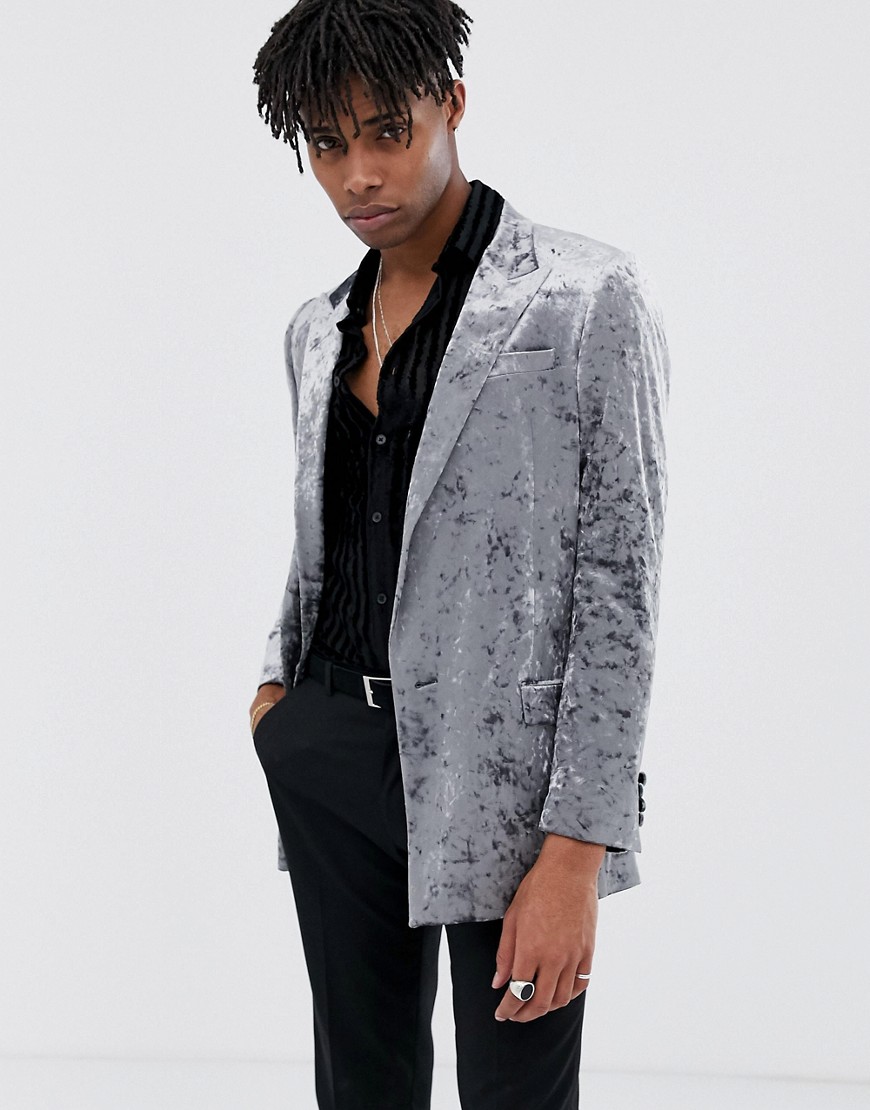 ASOS DESIGN slim blazer in all over crushed grey velvet