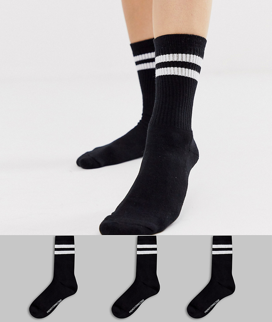 French Connection sports stripe 3 pack socks in black