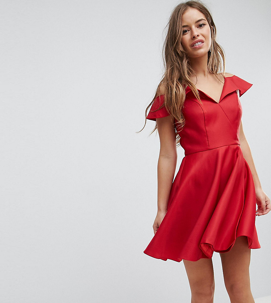 Chi Chi London Petite Mini Skater Prom Dress With Cold Shoulders - Red